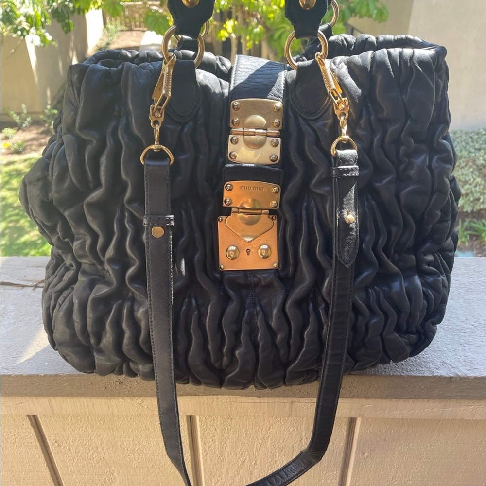 Authentic Miu Miu Black Gathered Leather Shoulder Bag crossbody EUC